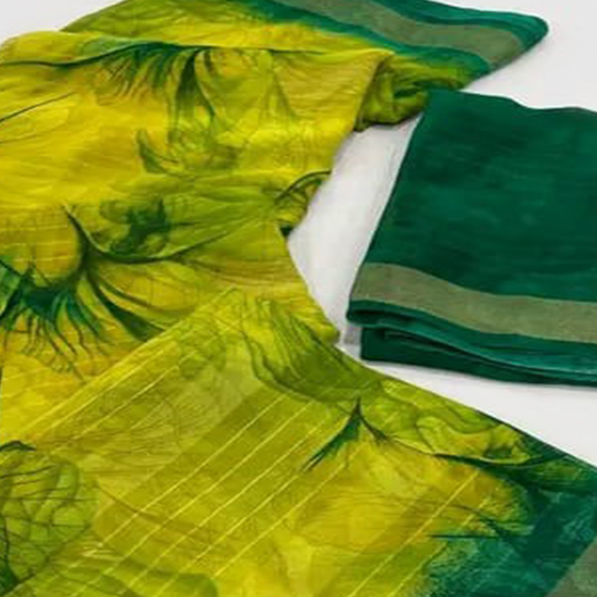 Yellow & Green Printed With Woven Chiffon Saree