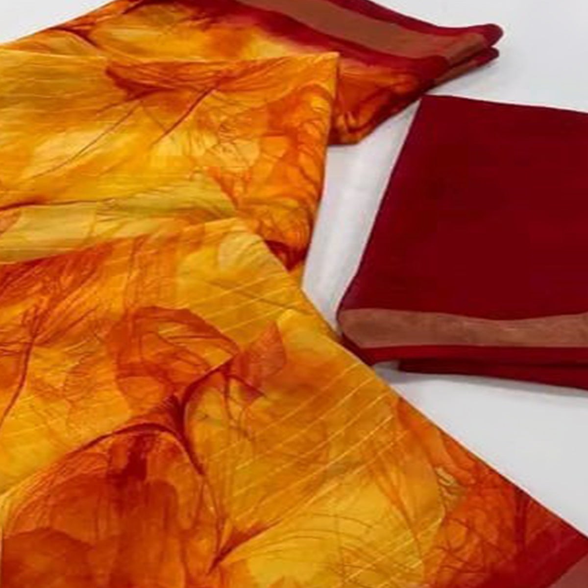 Yellow & Red Printed With Woven Chiffon Saree