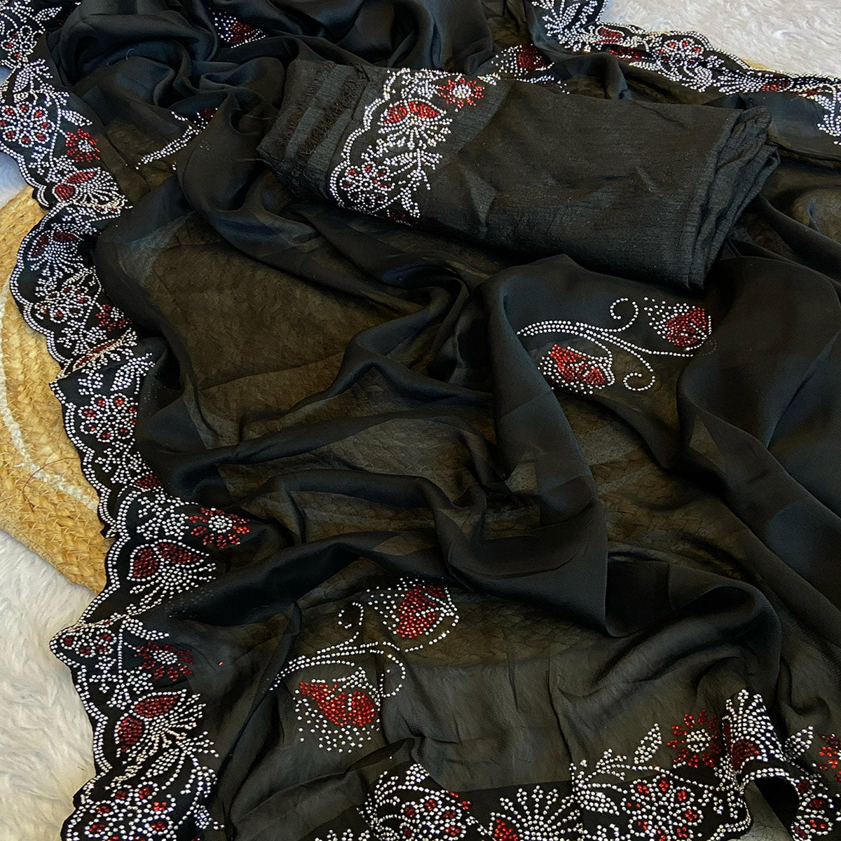 Black Floral Swarovski Work Rangoli Art Silk Saree