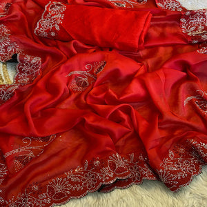 Red Floral Swarovski Work Rangoli Art Silk Saree