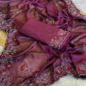 Wine Floral Swarovski Work Rangoli Art Silk Saree