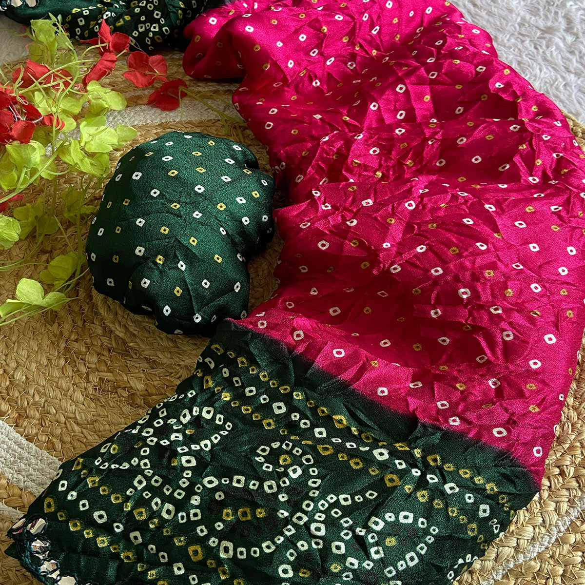 Pink Moss Chiffon Saree Featuring Classic Bandhani Print for a Timeless Look