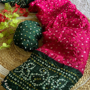 Pink Moss Chiffon Saree Featuring Classic Bandhani Print for a Timeless Look