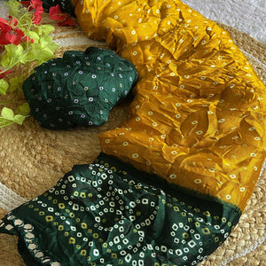 Mustard Moss Chiffon Saree Featuring Classic Bandhani Print for a Timeless Look