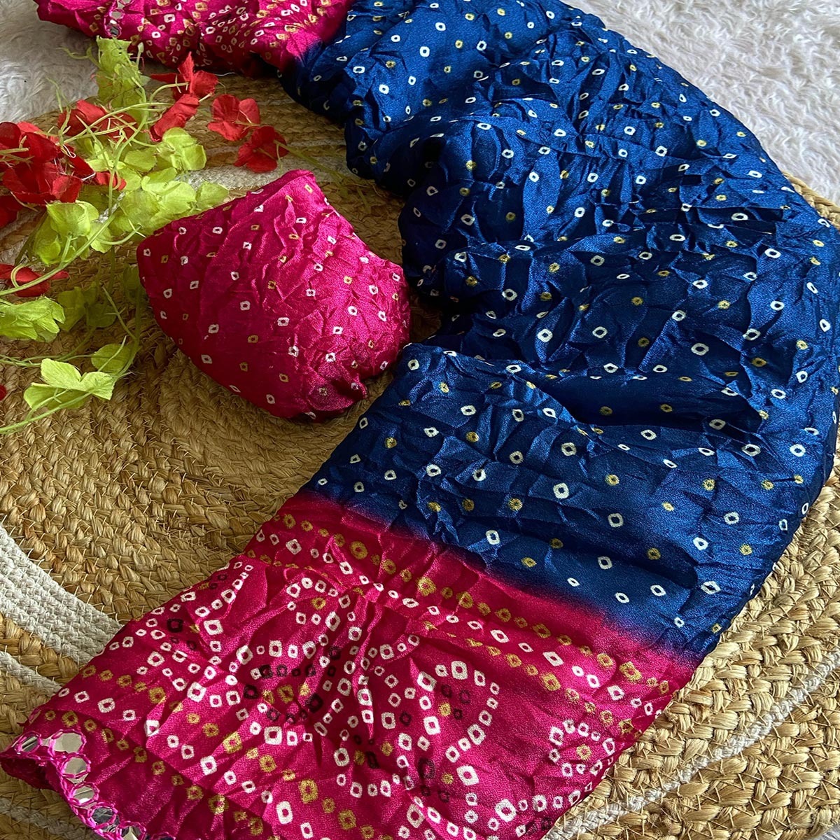 Blue Moss Chiffon Saree Featuring Classic Bandhani Print for a Timeless Look