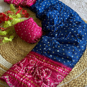 Blue Moss Chiffon Saree Featuring Classic Bandhani Print for a Timeless Look