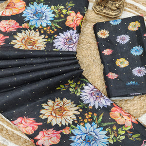 Black Silk Blend Saree with Contemporary Floral Digital Print