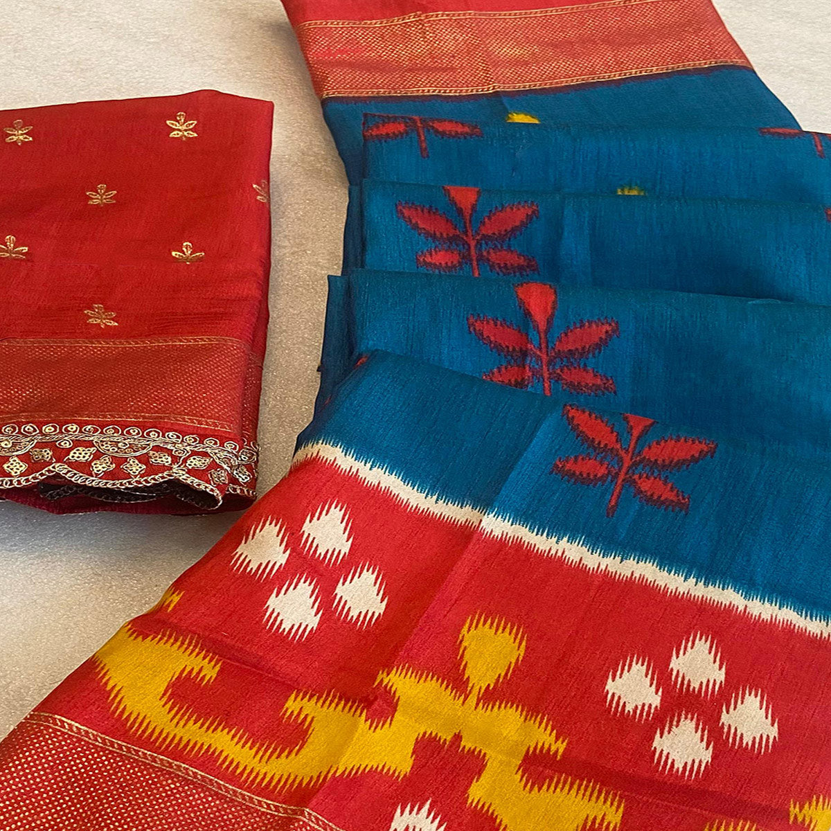 Teal Patola Printed Dola Silk Saree With Sequins Border