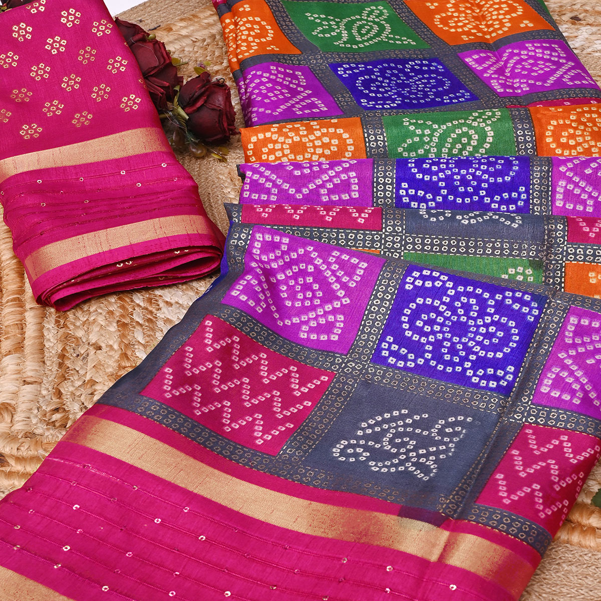 Vibrant Multicolor Dola Silk Saree Highlighted with Foil Bandhani and Woven Borders