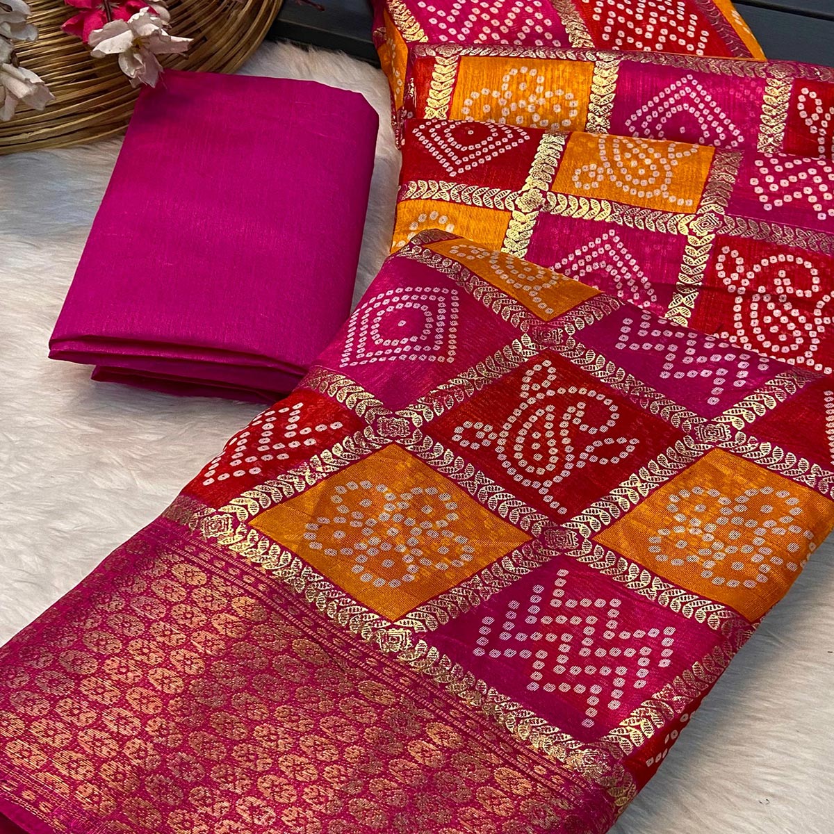 Pink & Orange Bandhani Foil Printed Dola Silk Saree With Woven Border