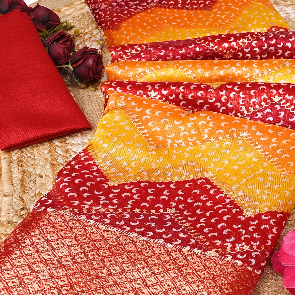 Vibrant Red & Yellow Dola Silk Saree Highlighted with Foil Bandhani and Woven Borders