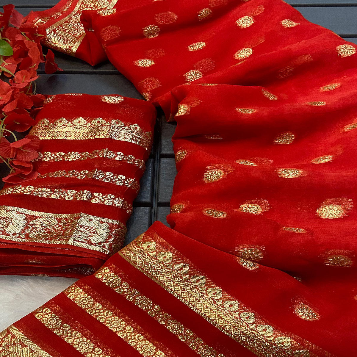Red Zari Weaving Georgette Saree