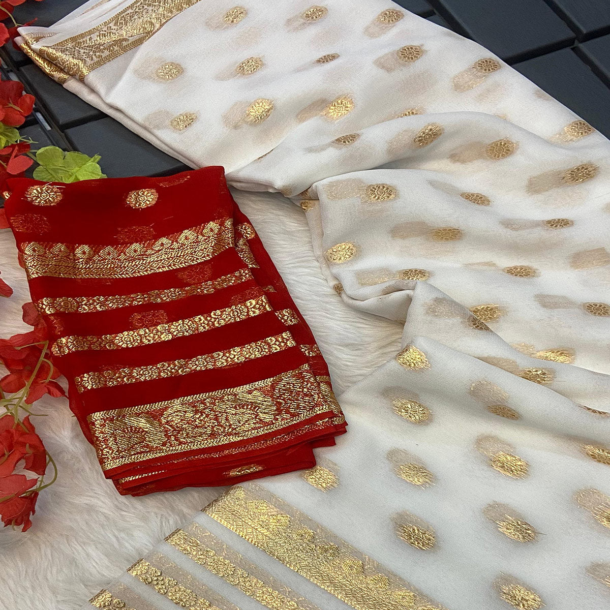 White Zari Weaving Georgette Saree