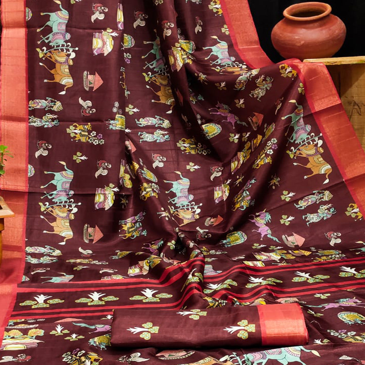 Maroon Digital Printed Dola Silk Saree