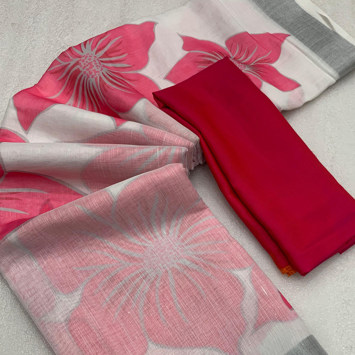 White & Pink Digital Floral Printed Linen Saree