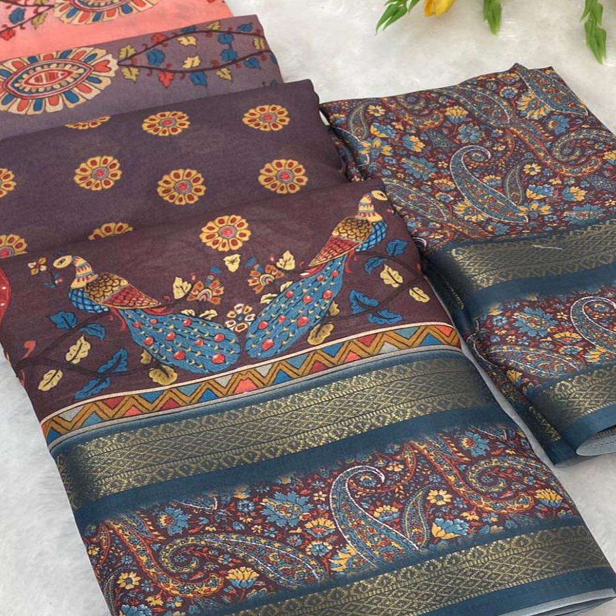 Dark Brown Floral Moss Georgette Saree with Elegant Drape & Soft Texture