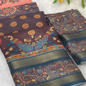Dark Brown Floral Moss Georgette Saree with Elegant Drape & Soft Texture