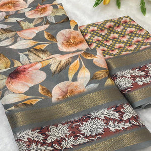 Grey Floral Moss Georgette Saree with Elegant Drape & Soft Texture