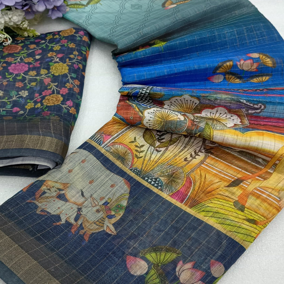 Multicolor Checks Zari Woven With Printed Linen Saree