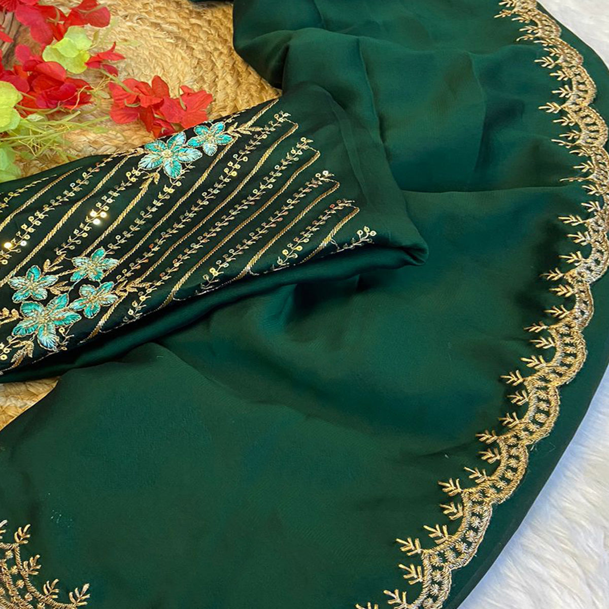 Green Zari Embroidered Organza Saree