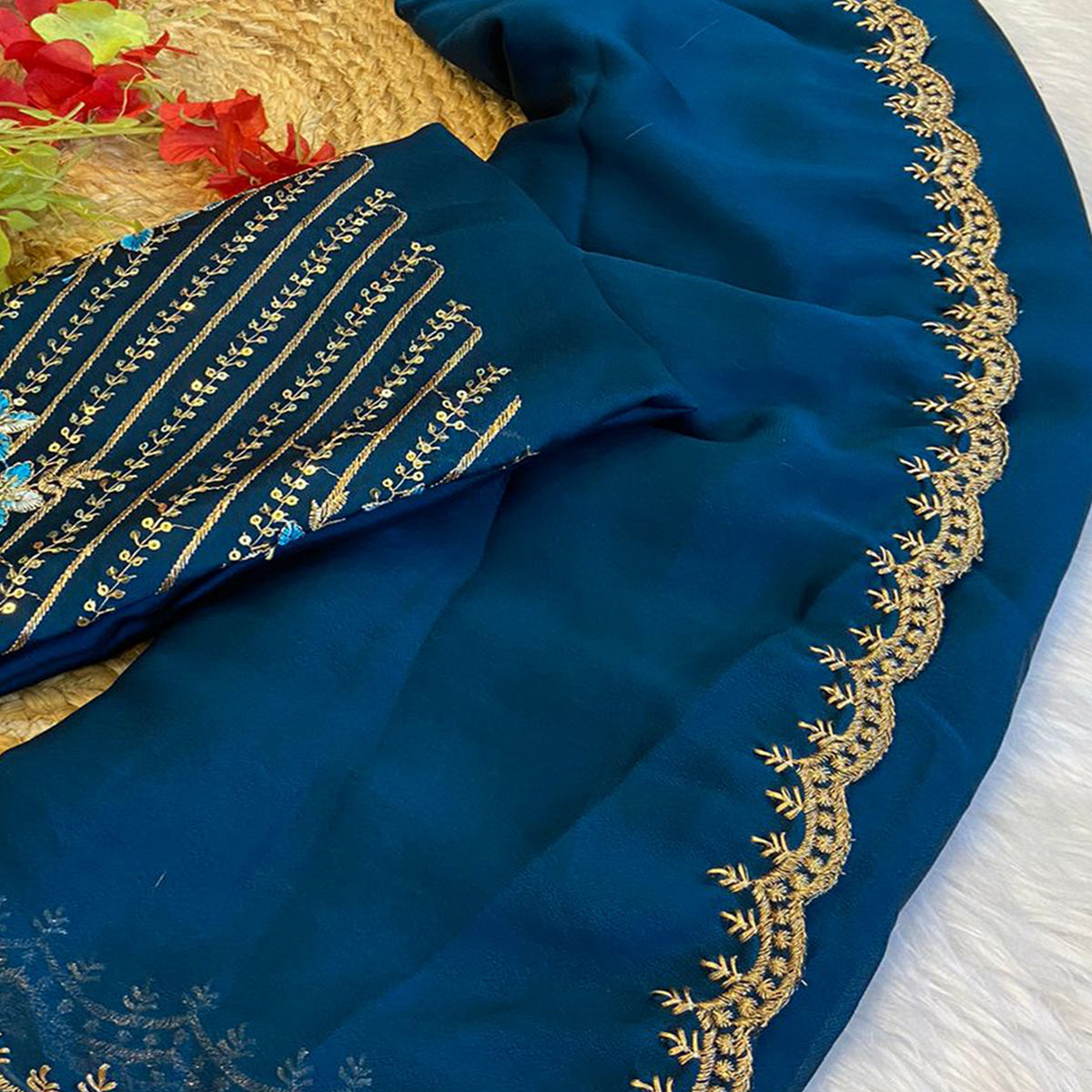 Morpich Blue Zari Embroidered Organza Saree