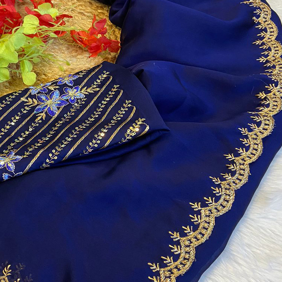 Navy Blue Zari Embroidered Organza Saree