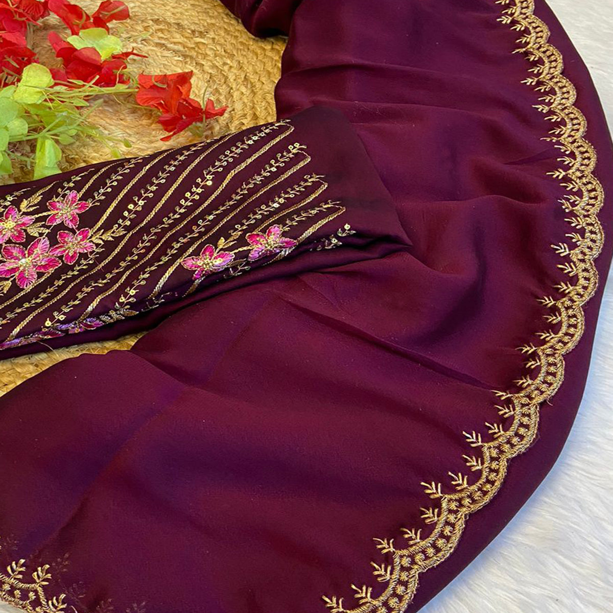 Wine Zari Embroidered Organza Saree