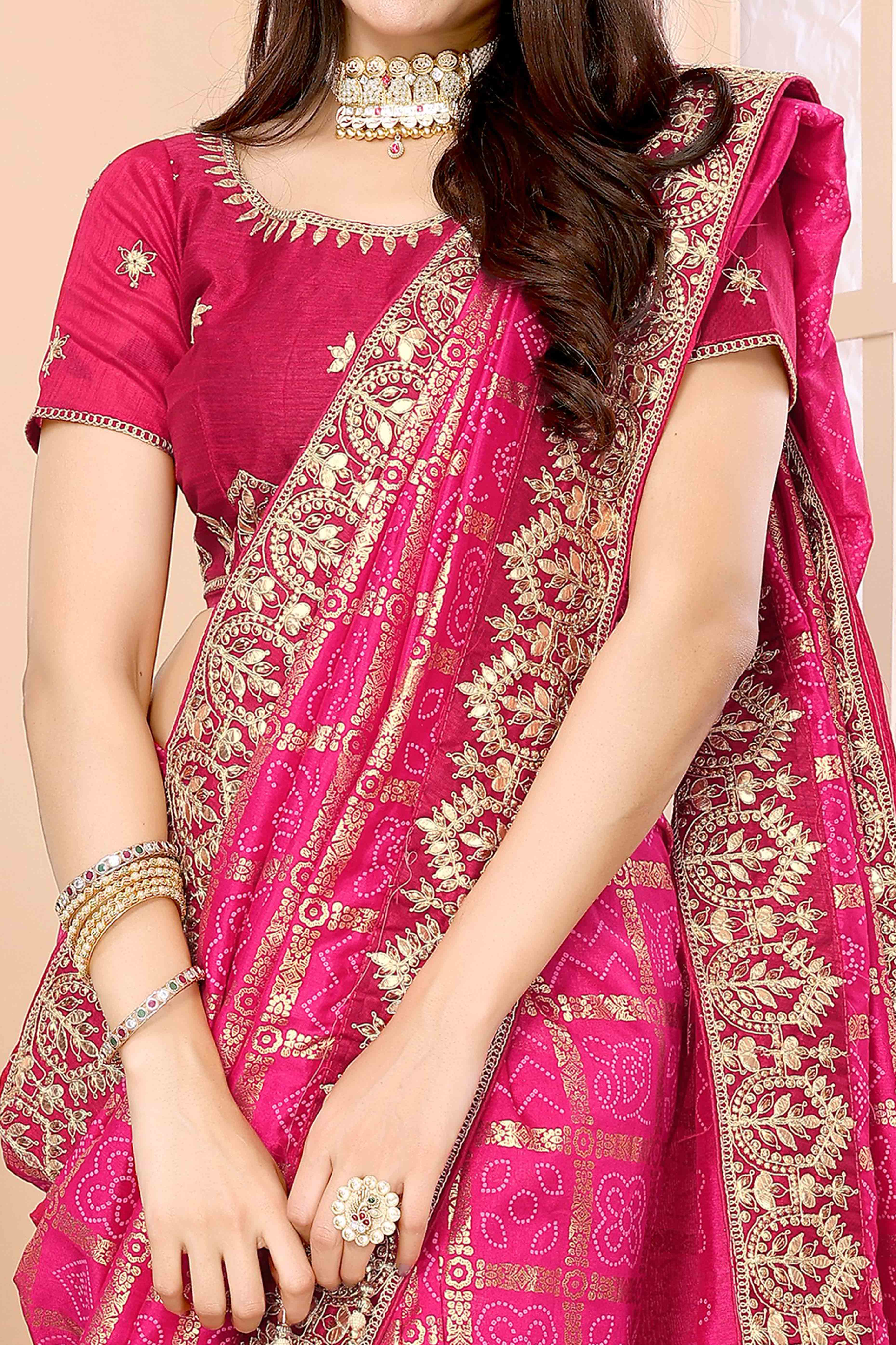 Pink Bandhani Printed Vichitra Silk Saree With Embroidered Border