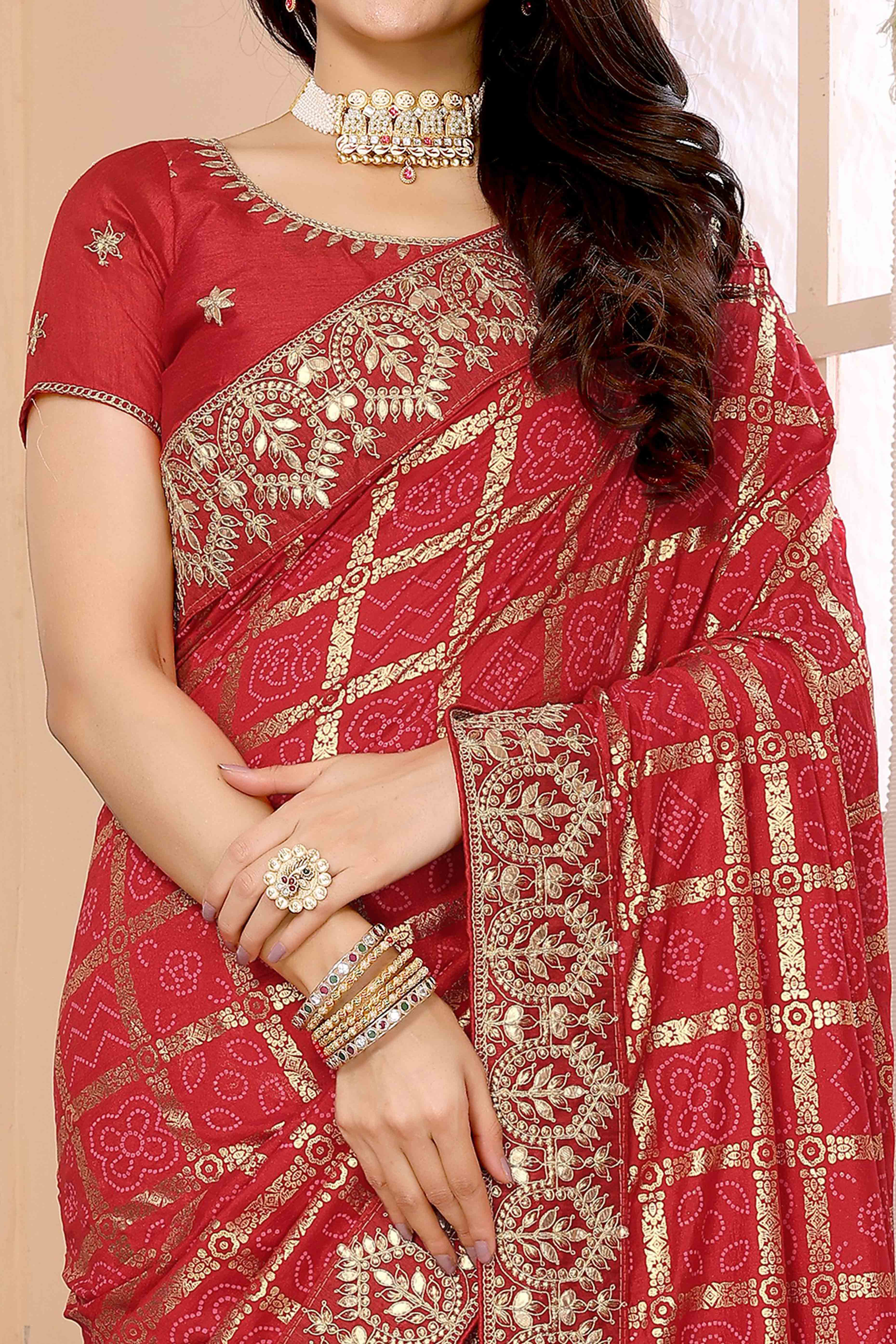 Red Bandhani Printed Vichitra Silk Saree With Embroidered Border