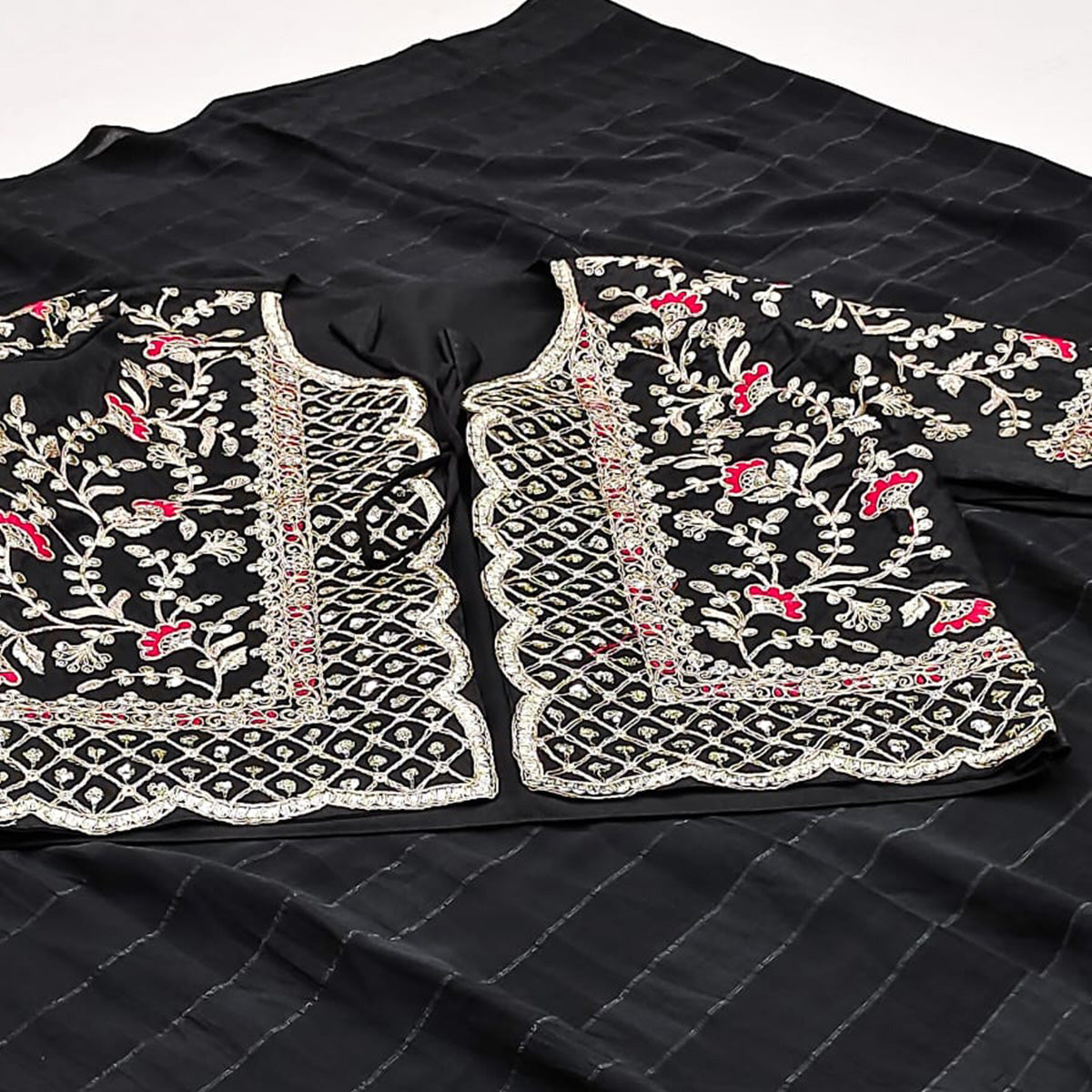 Black Woven Georgette Saree With Embroidered Jacket