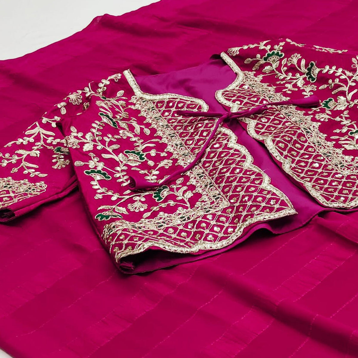 Pink Woven Georgette Saree With Embroidered Jacket