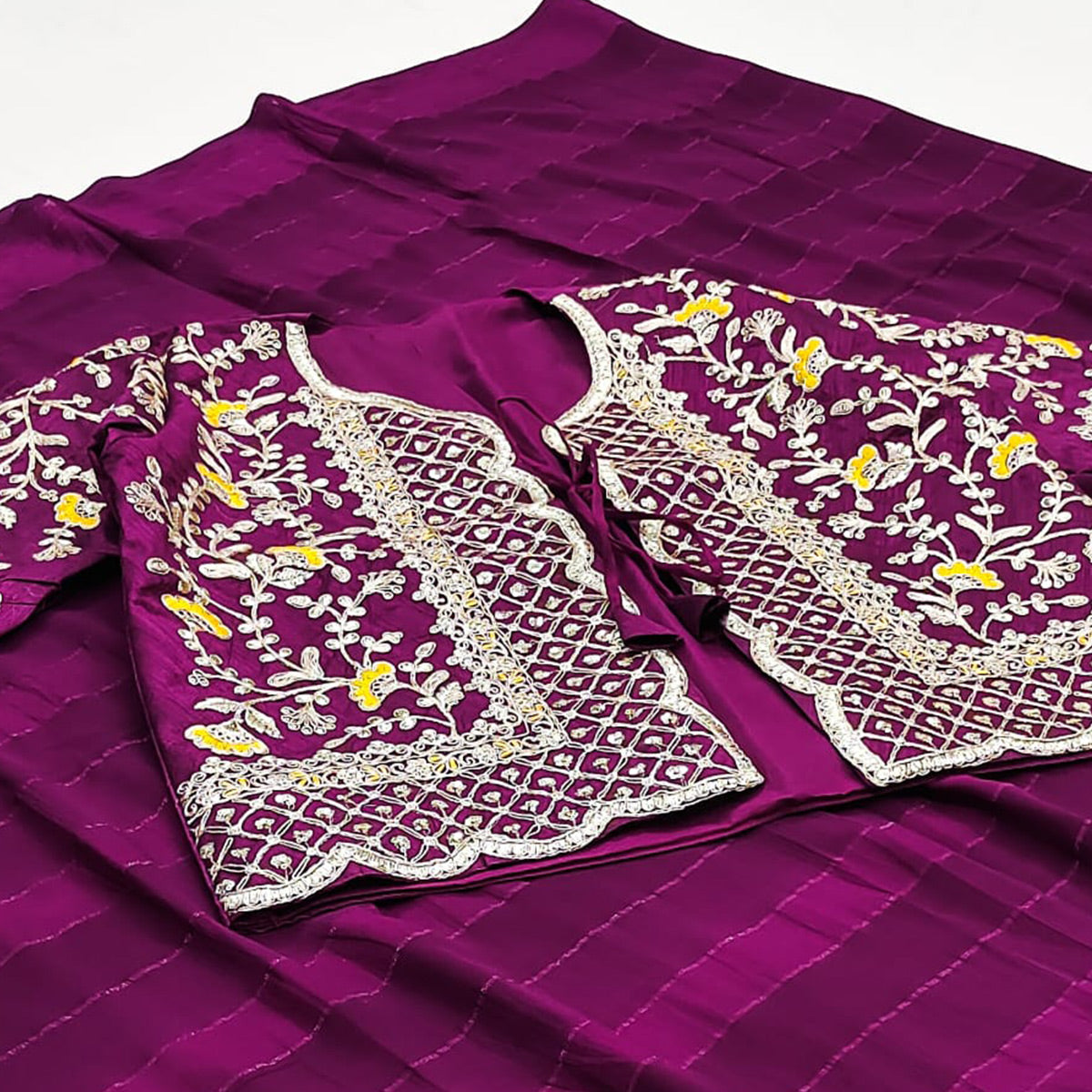 Purple Woven Georgette Saree With Embroidered Jacket