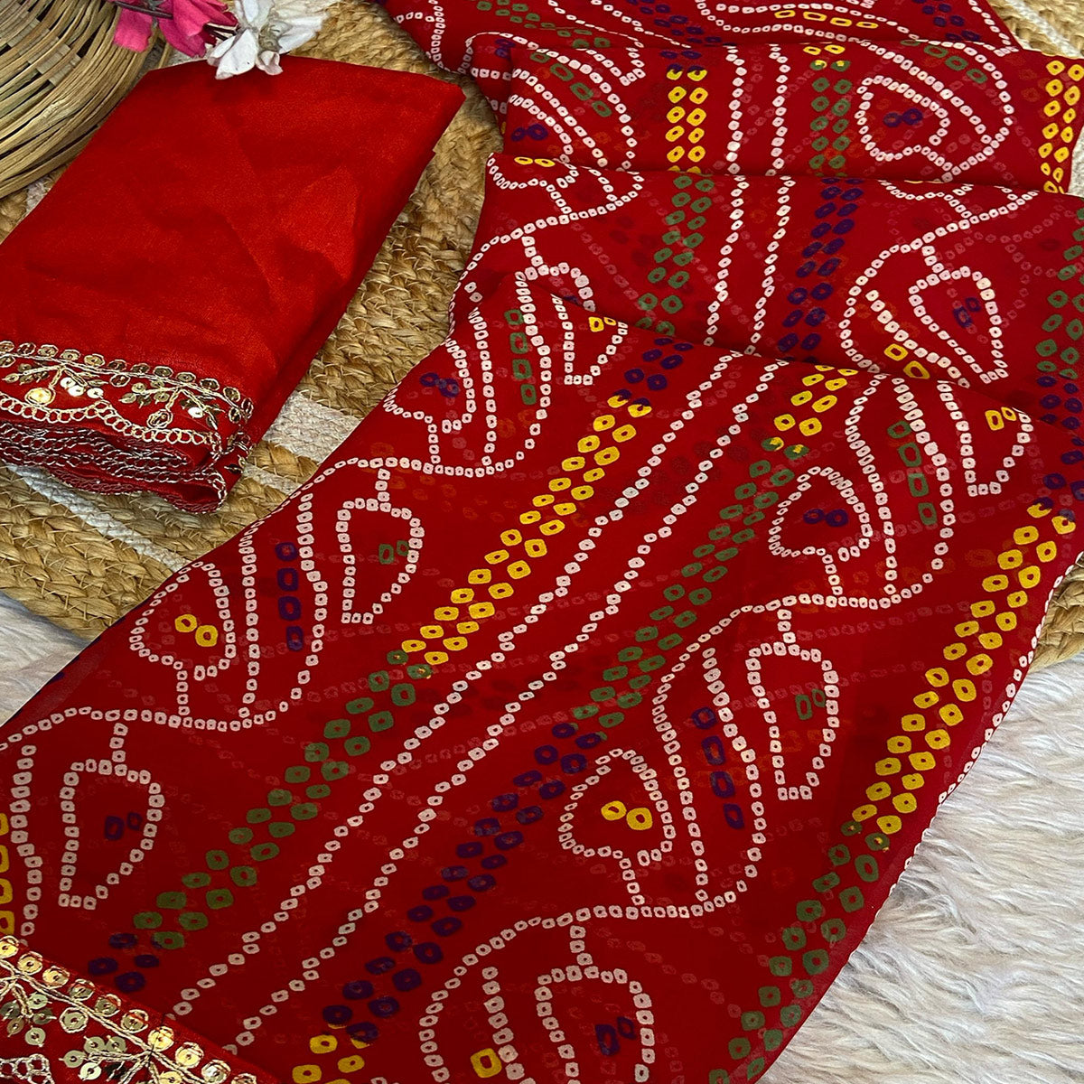 Vibrant Red Bandhani Georgette Saree With Cording & Sequins Lace Border