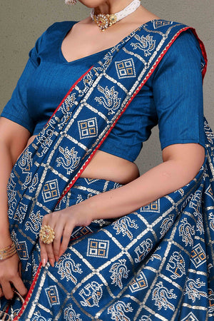Blue Vichitra Silk Saree Featuring Bandhani Patterns and Graceful Embroidered Borders