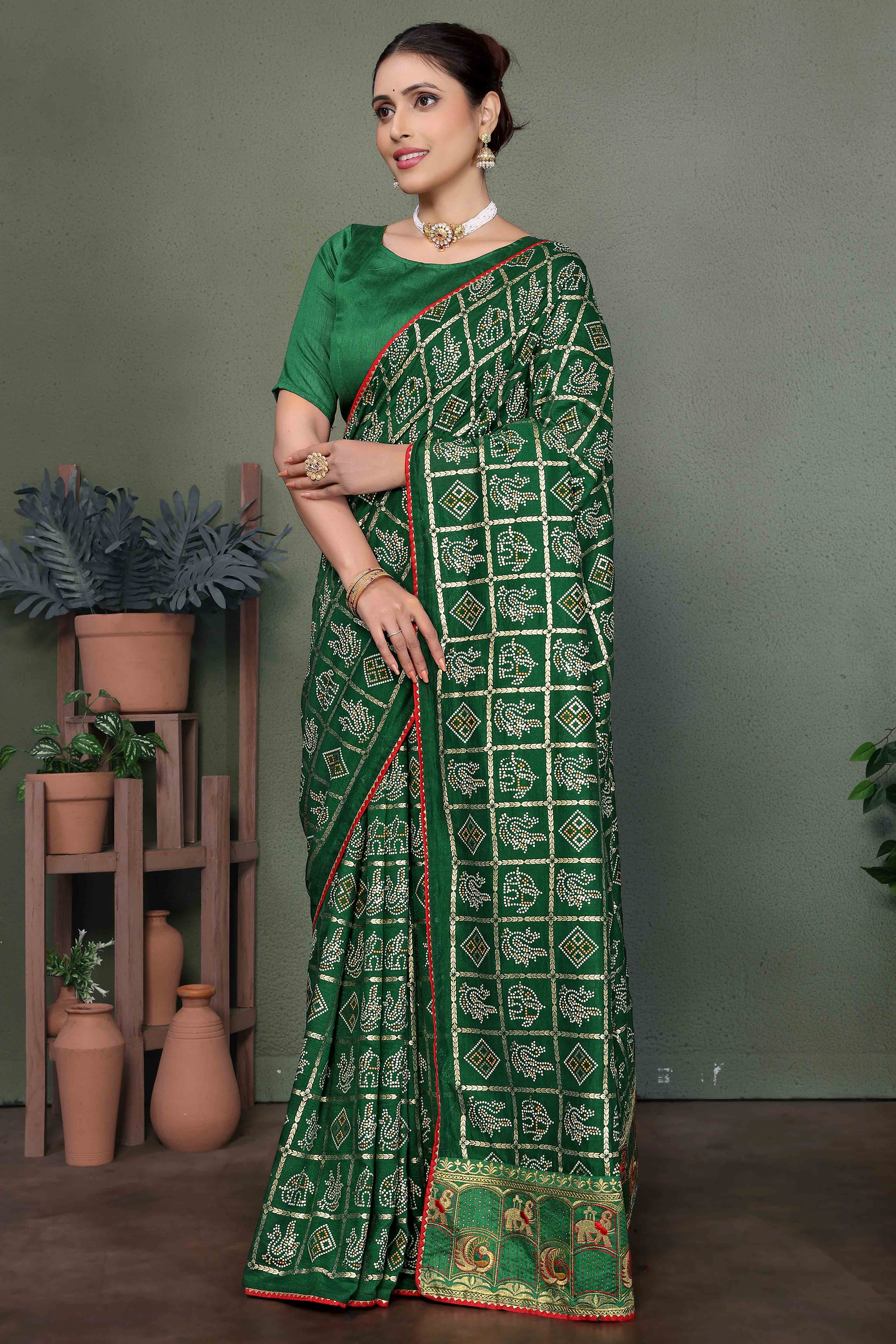 Green Vichitra Silk Saree Featuring Bandhani Patterns and Graceful Embroidered Borders