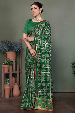 Green Vichitra Silk Saree Featuring Bandhani Patterns and Graceful Embroidered Borders