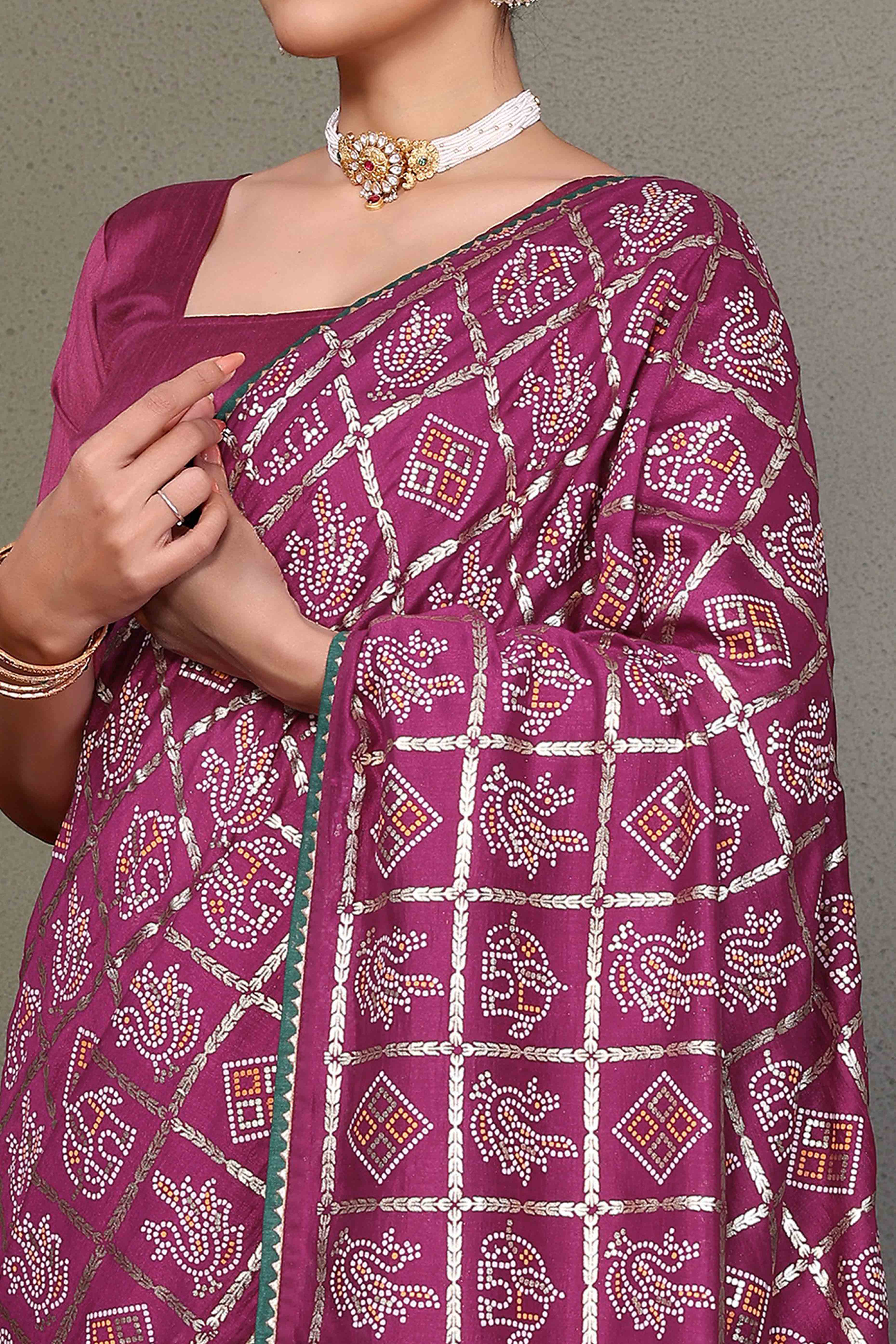 Purple Vichitra Silk Saree Featuring Bandhani Patterns and Graceful Embroidered Borders