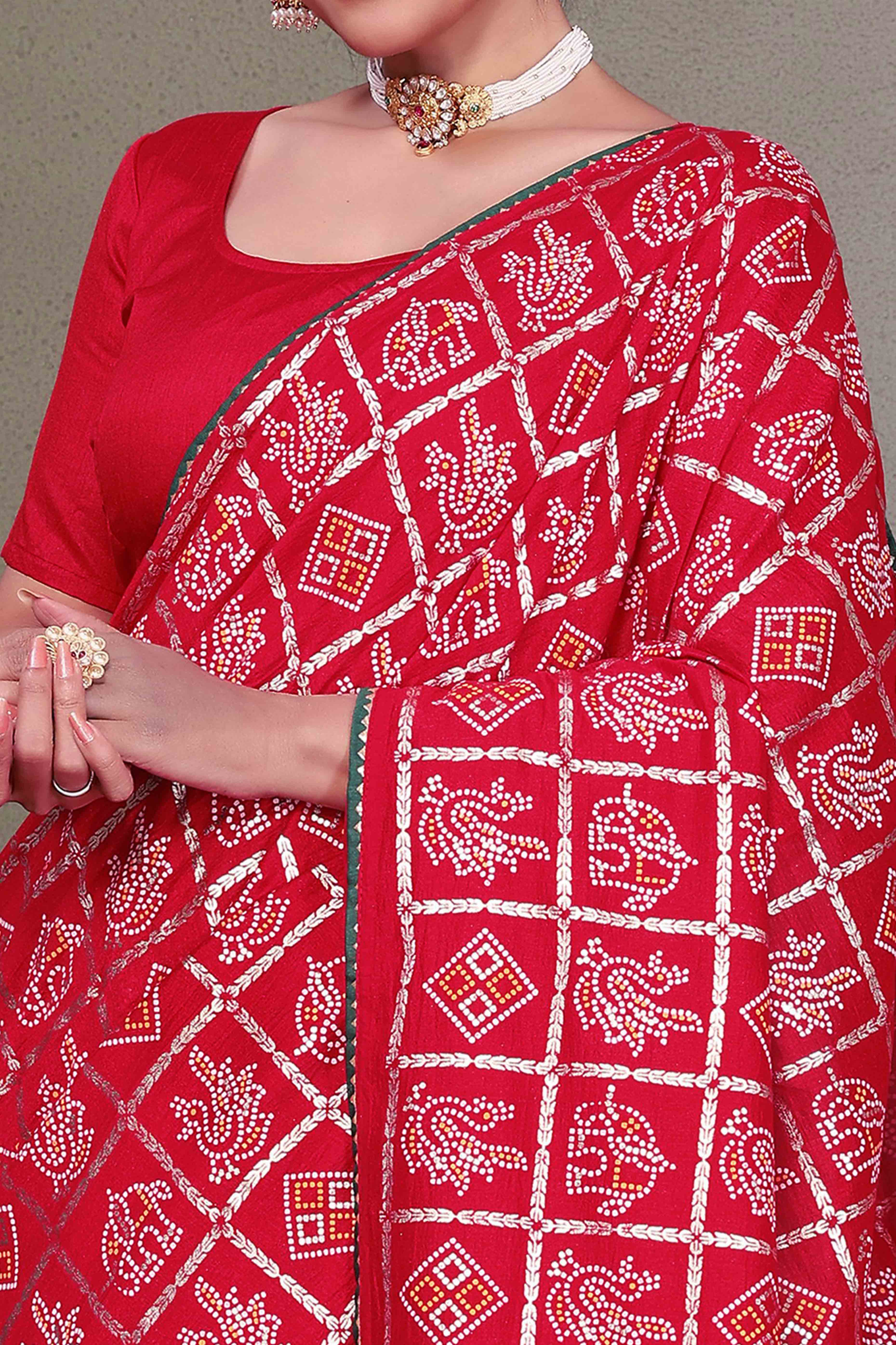 Red Vichitra Silk Saree Featuring Bandhani Patterns and Graceful Embroidered Borders