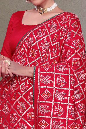 Red Vichitra Silk Saree Featuring Bandhani Patterns and Graceful Embroidered Borders