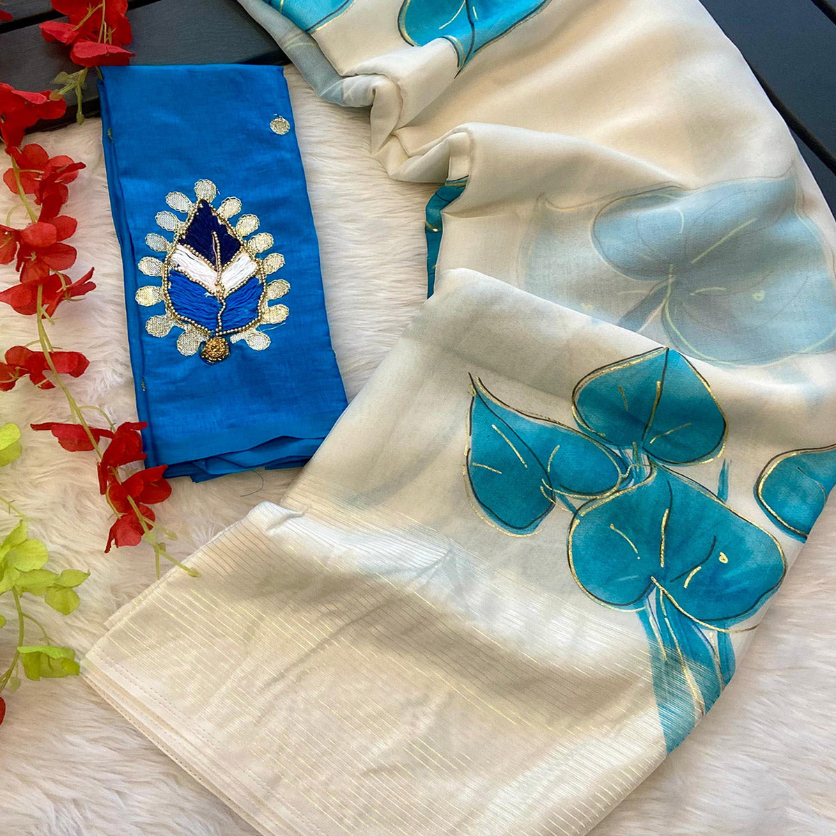 White & Blue Foil Printed Organza Saree