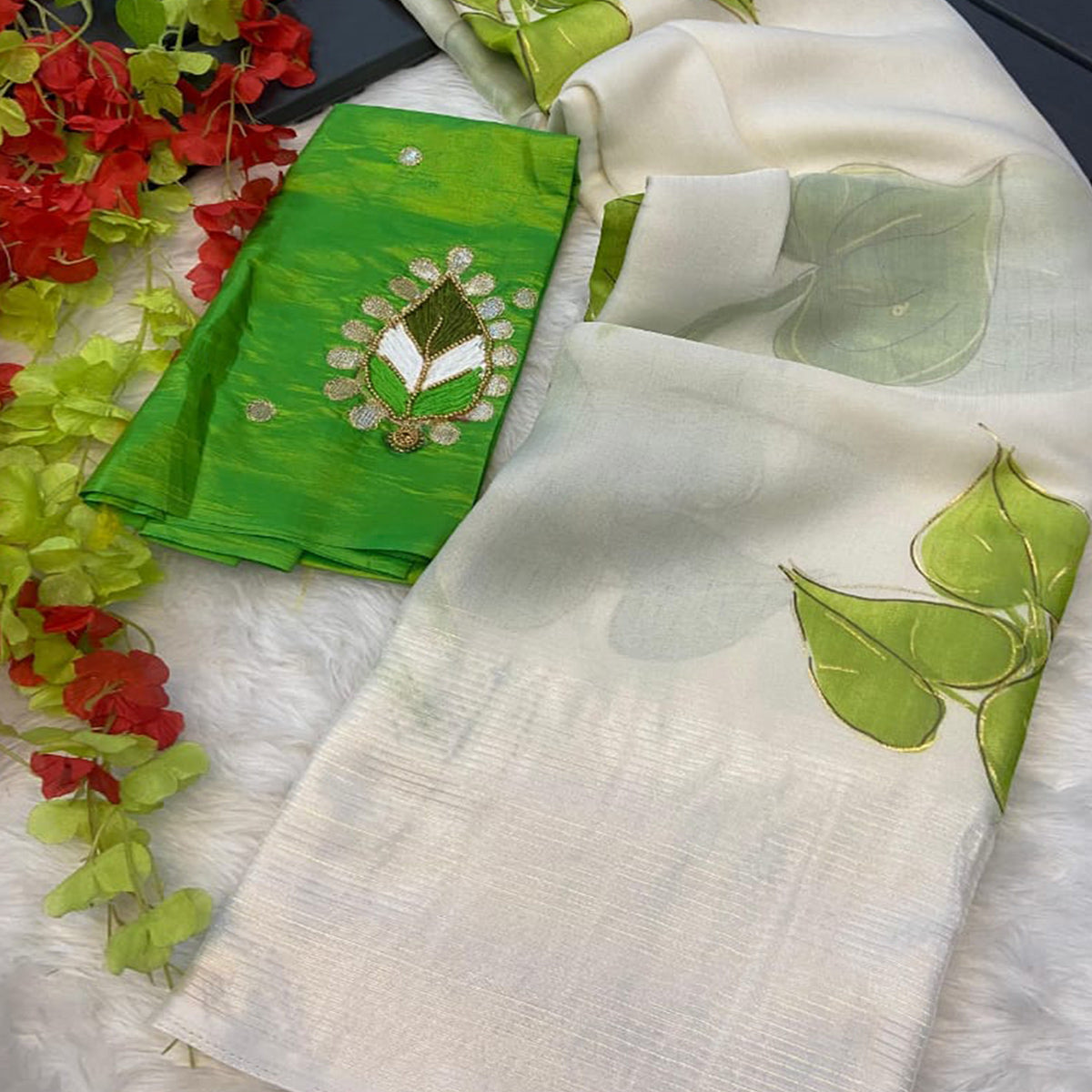 White & Green Foil Printed Organza Saree