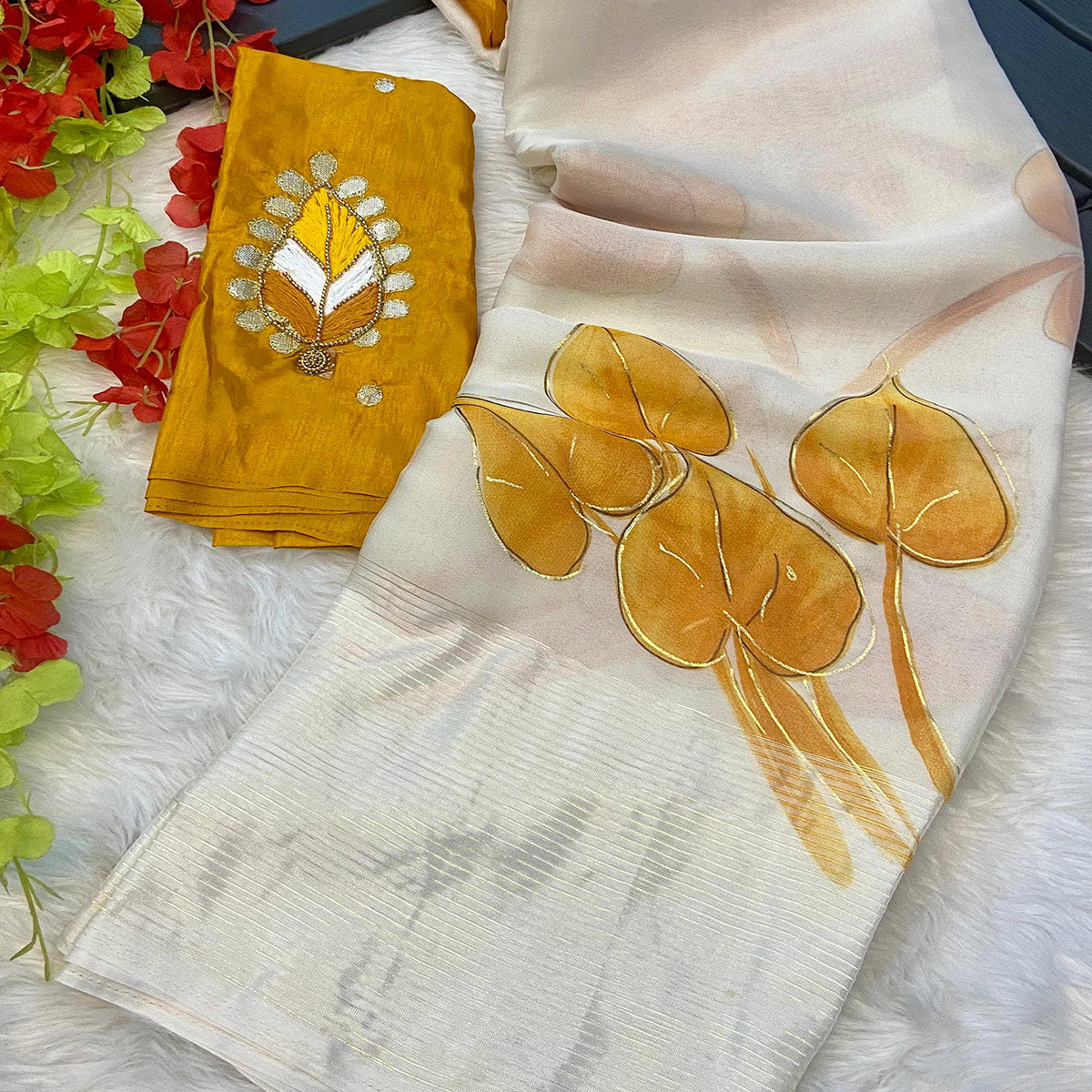 White & Mustard Foil Printed Organza Saree