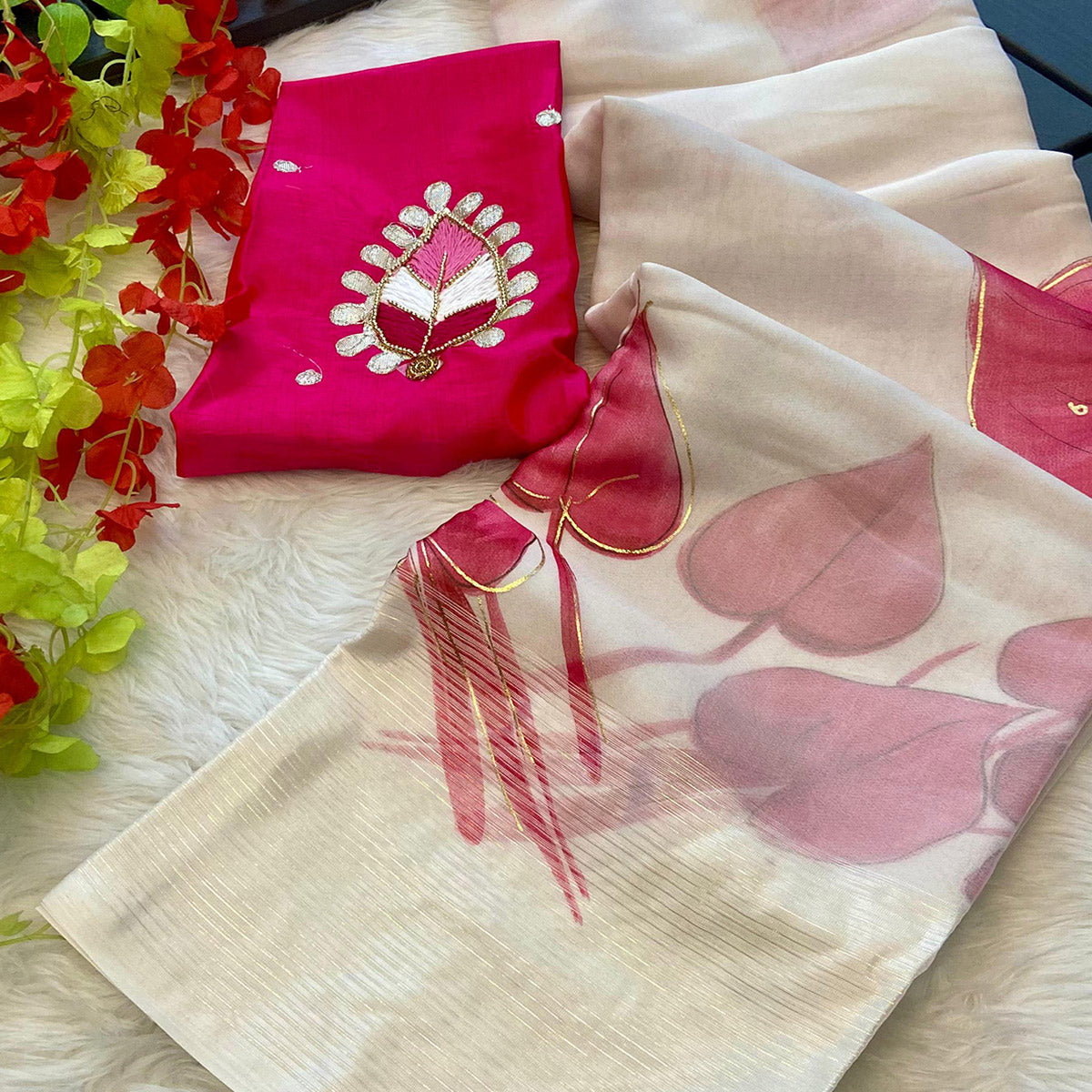 White & Pink Foil Printed Organza Saree