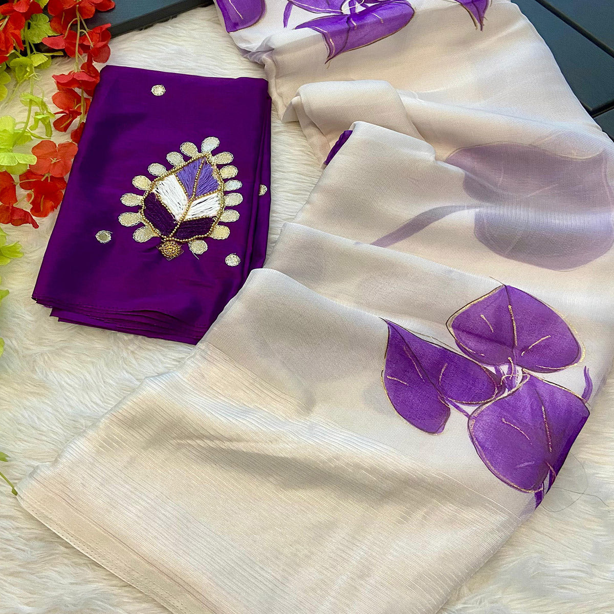 White & Purple Foil Printed Organza Saree