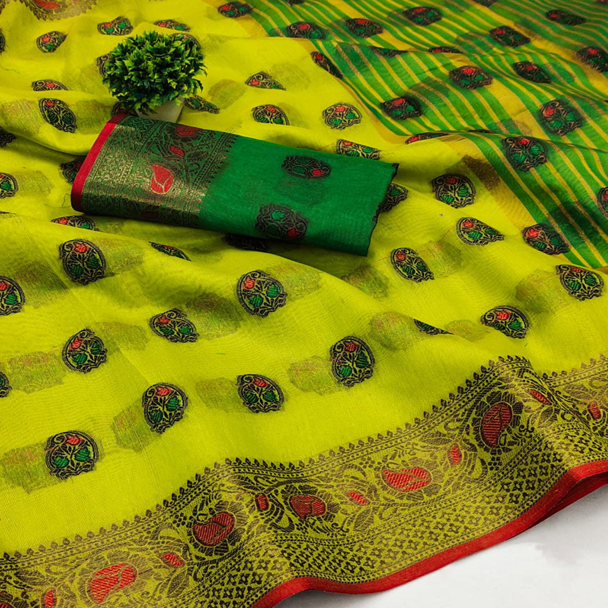 Green Zari Work Woven Cotton Silk Saree