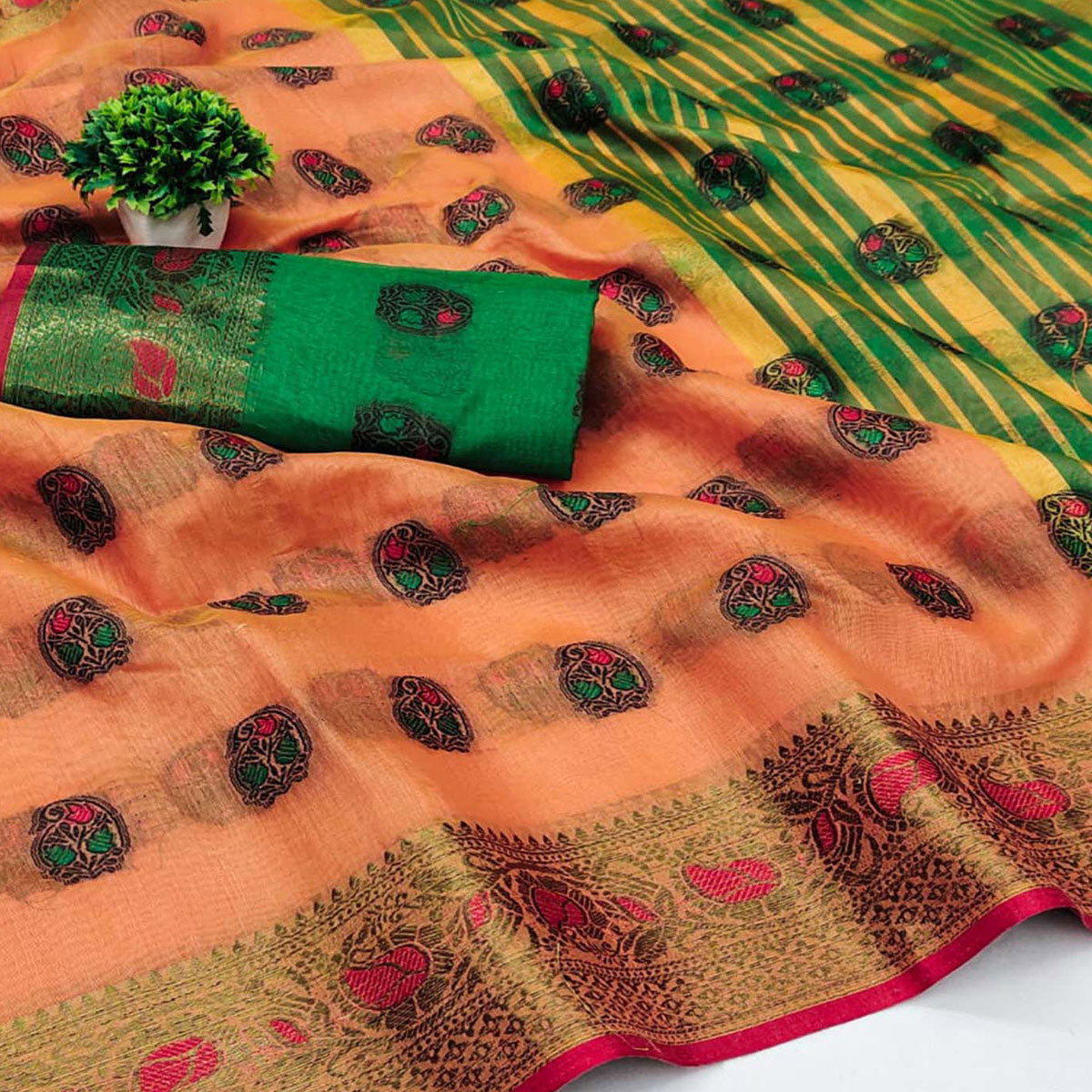 Orange Zari Work Woven Cotton Silk Saree