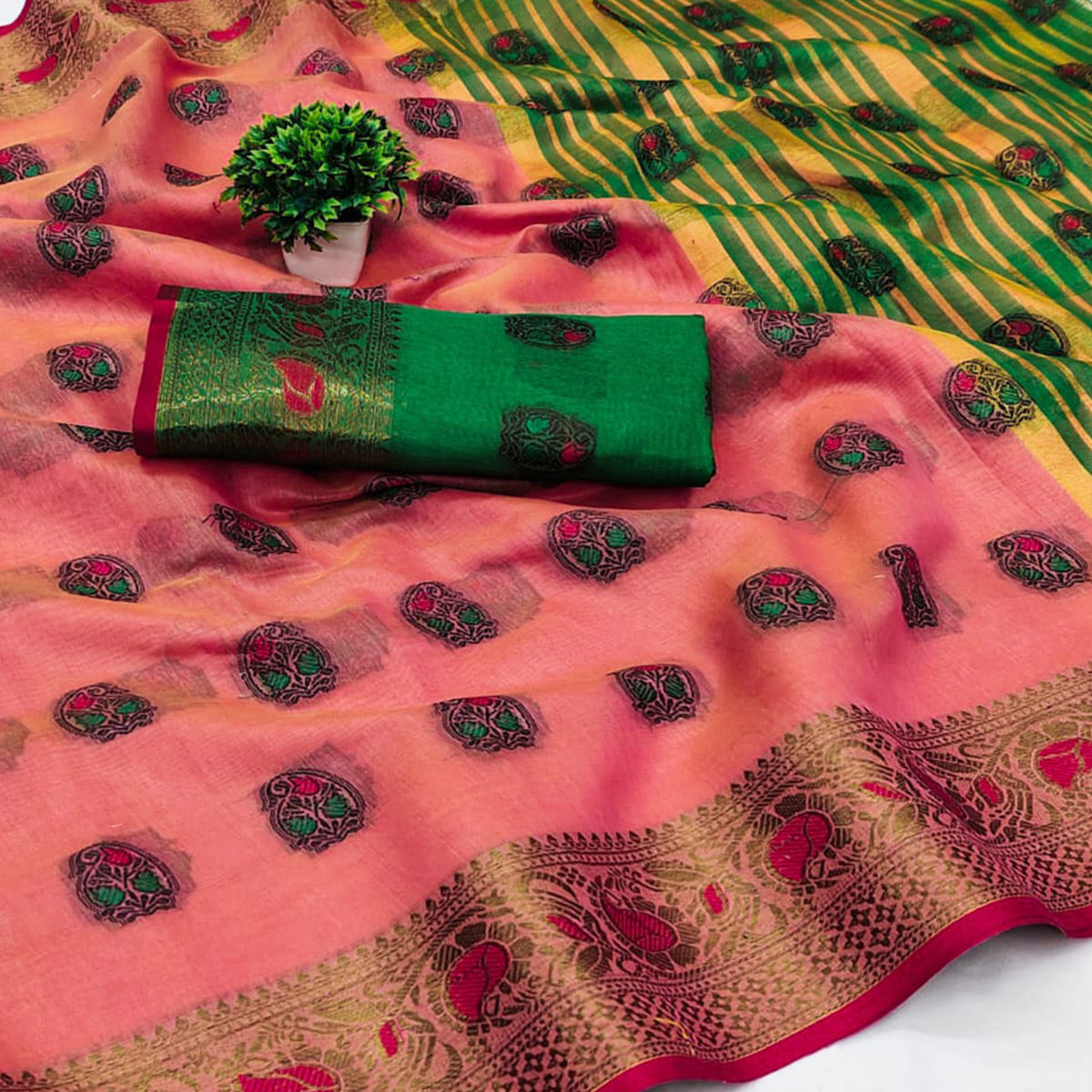 Pink Zari Work Woven Cotton Silk Saree