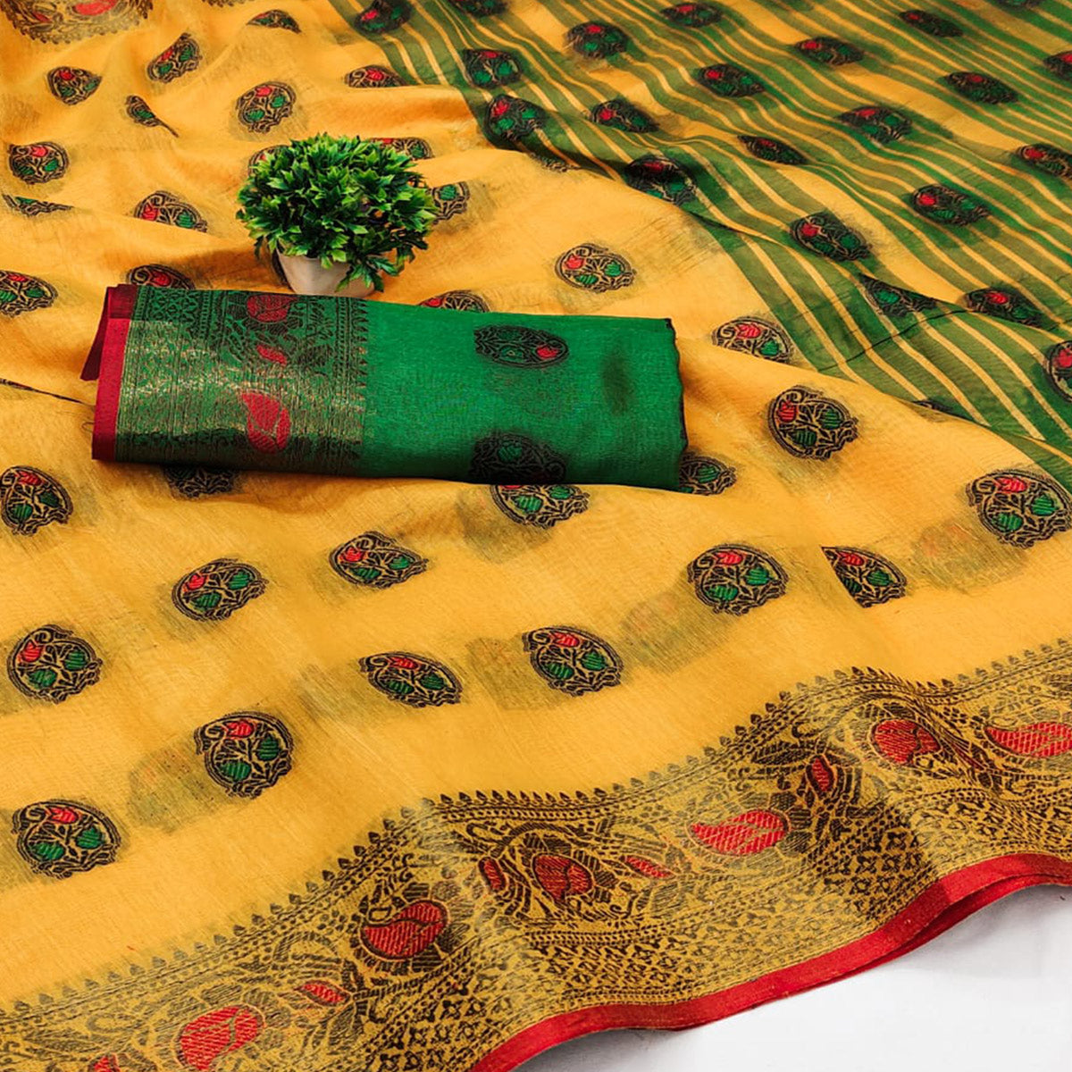 Yellow Zari Work Woven Cotton Silk Saree