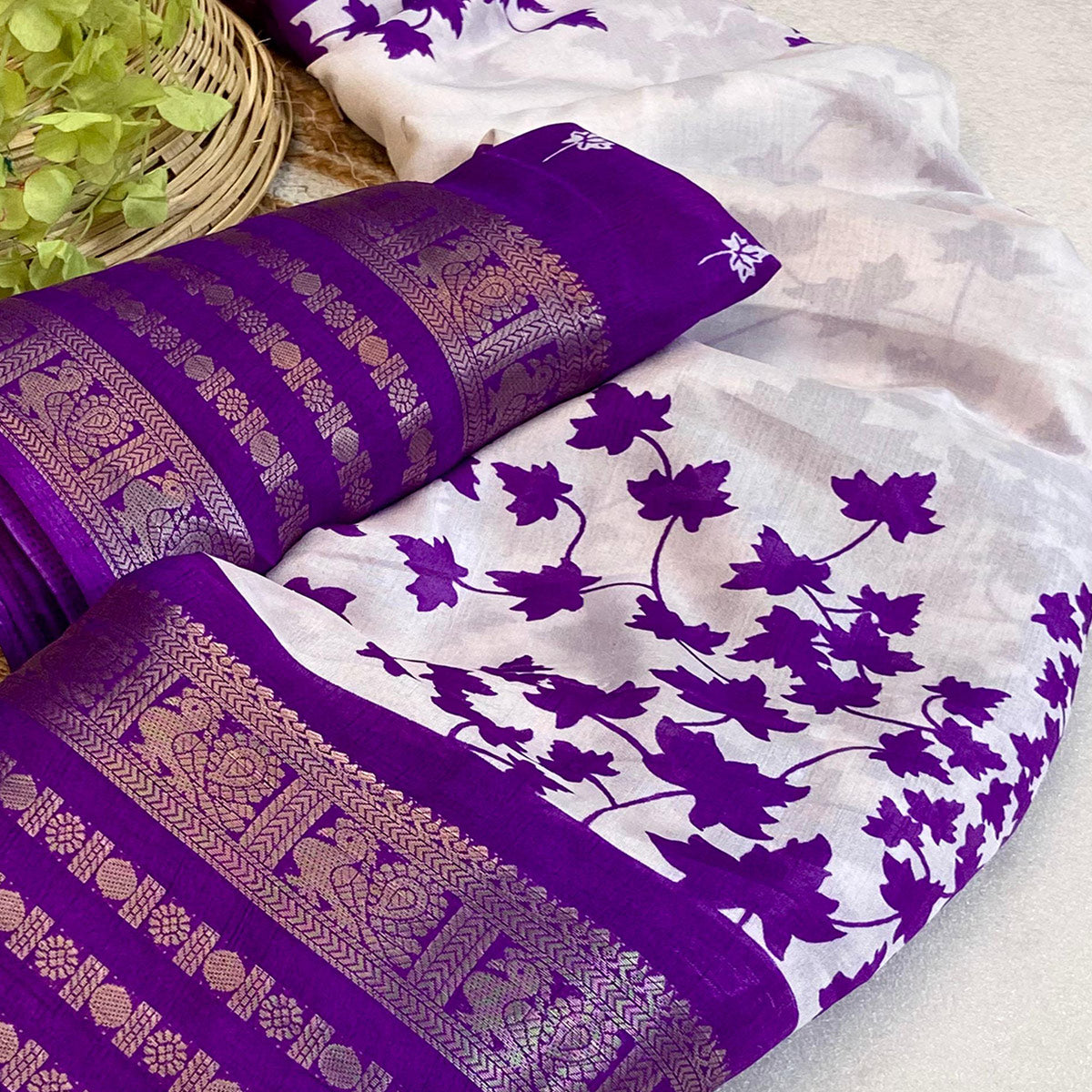 Purple & Offwhite Floral Printed Dola Silk Saree With Zari Border