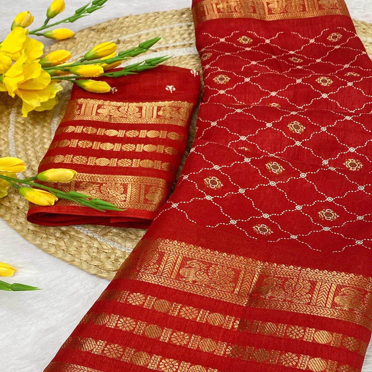 Red Dola Silk Saree with Blossoming Grid Pattern and Zari Trim